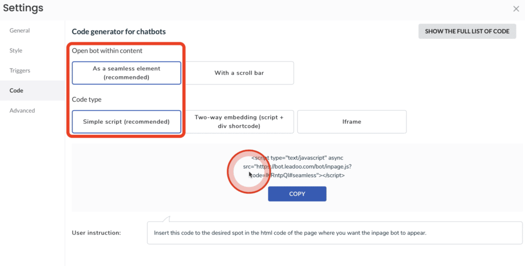 Screenshot 2021 01 18 at 13.59.48 How to embed Leadoo bots