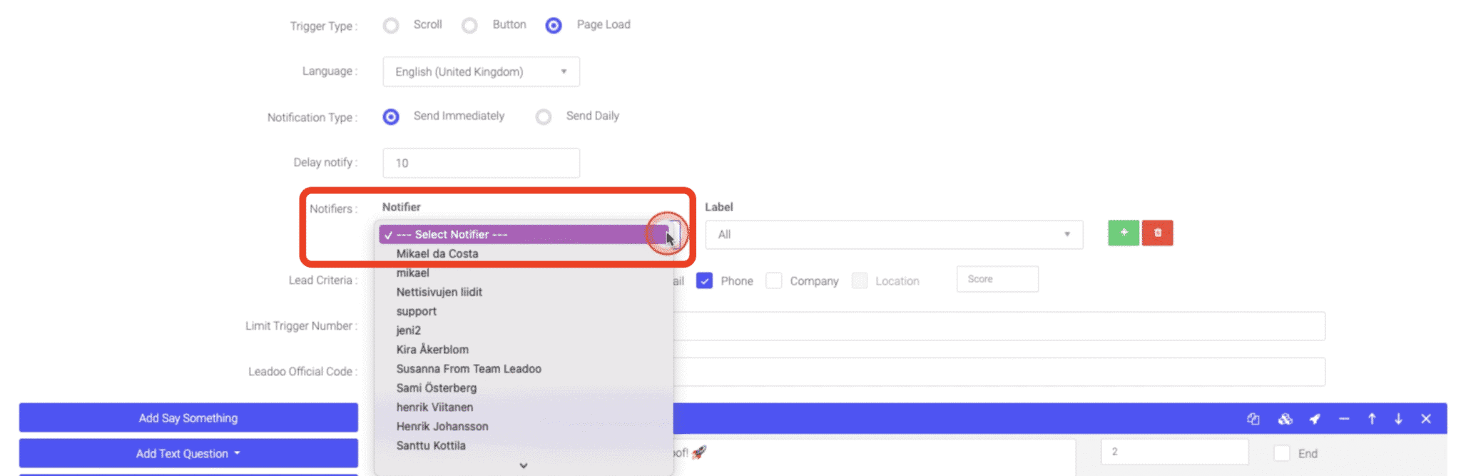 Setting up Lead notifications 2 lead notification select who should receive lead notifications from the bot
