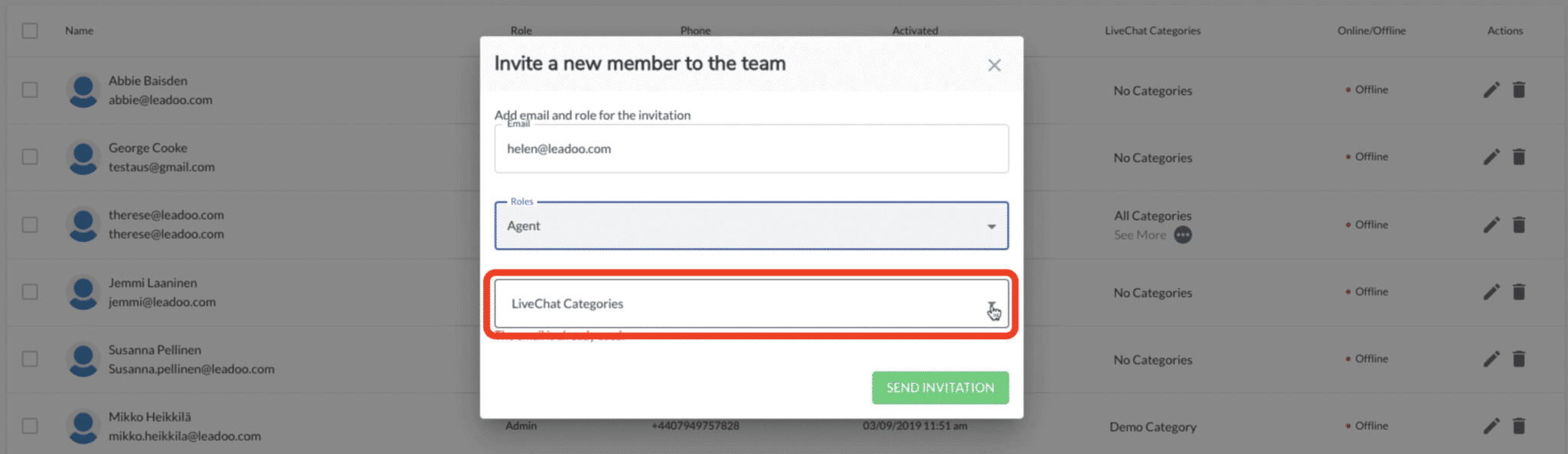 select live chat category access for new Leadoo user