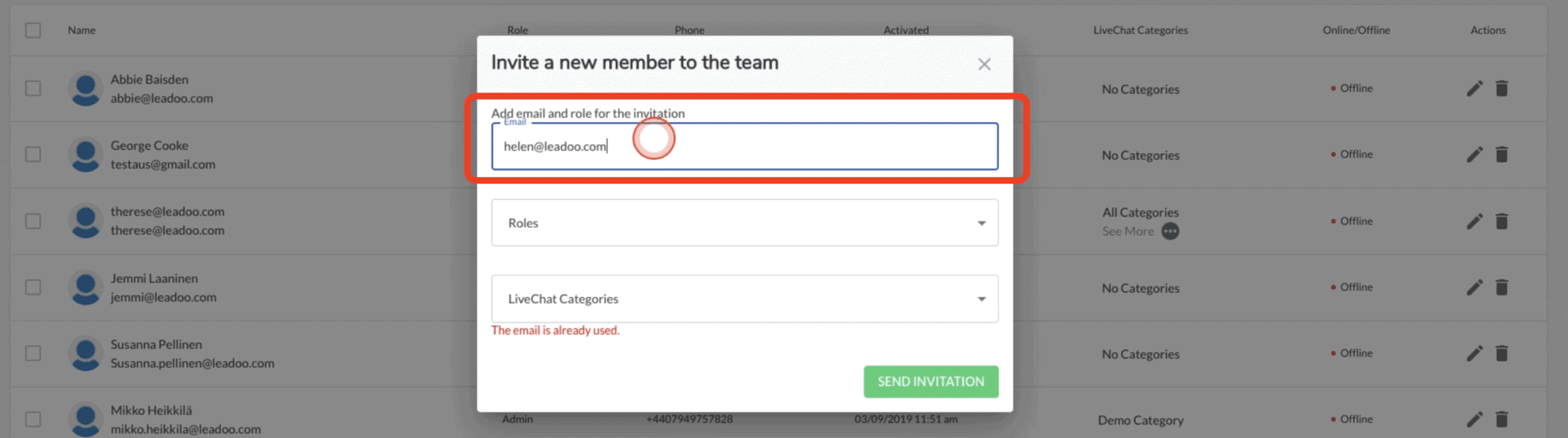add email address of live chat agent