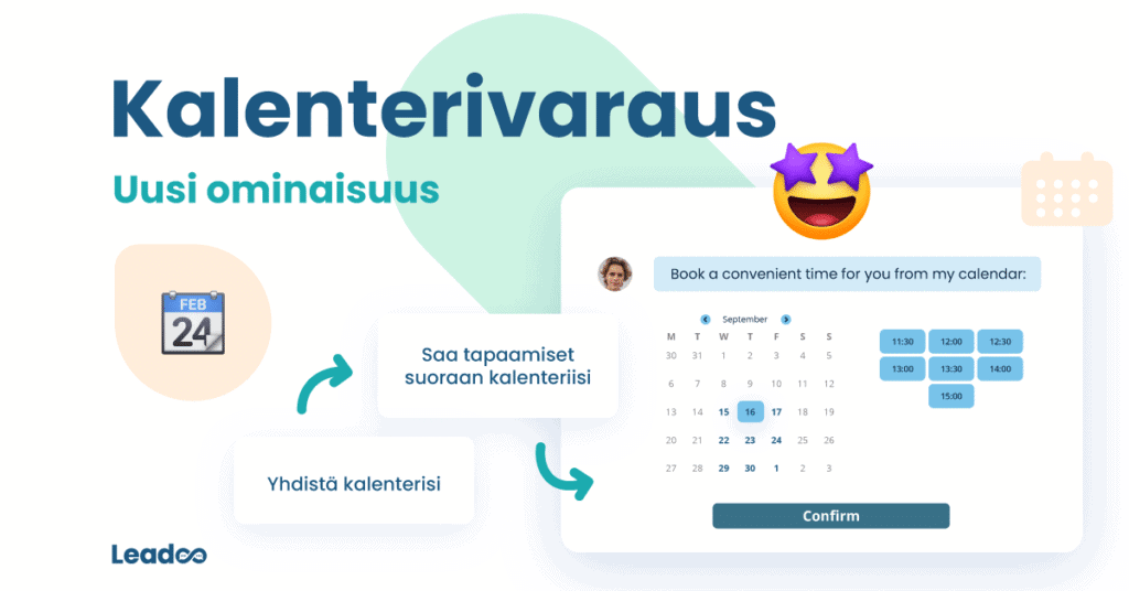 Feature release calendar booking FIN verkkosivu-uudistus Uutta Leadoolta: konvertoi verkkosivukävijät suoraan tapaamisiksi kalenteriin