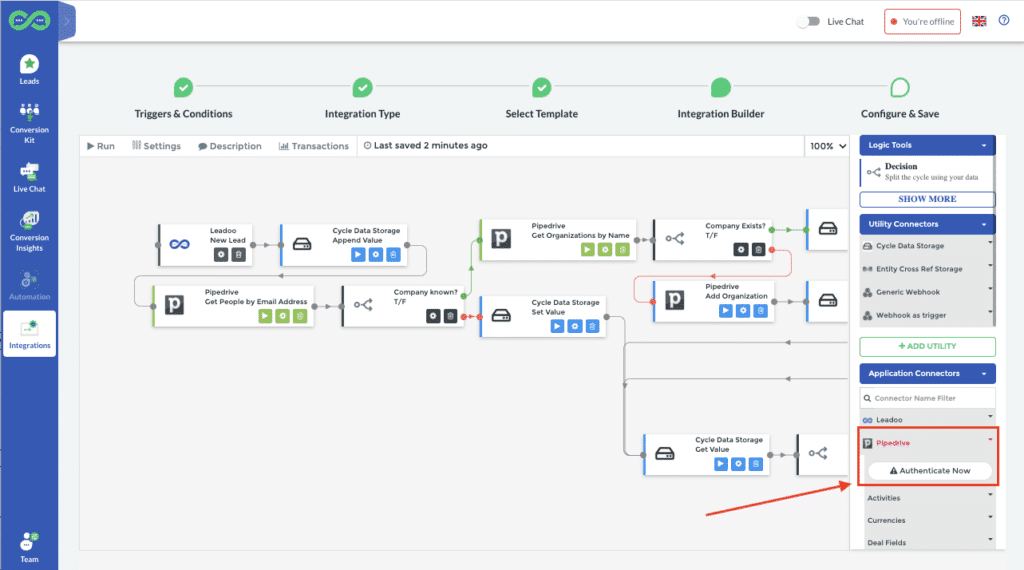 Pipe autentikaatio 1 Setting up an integration to CRM using templates