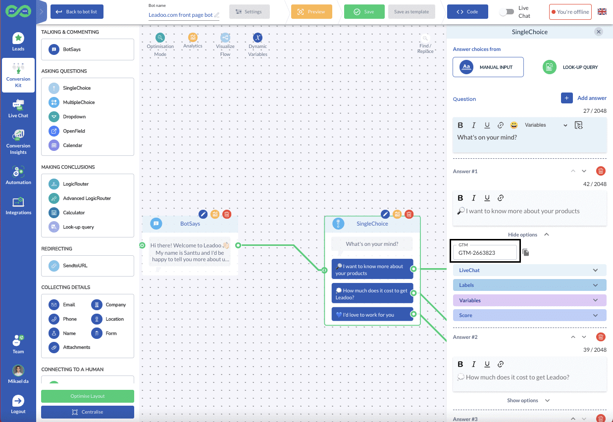 Nayttokuva 2021 11 9 kello 16.27.19 google tag manager integration leadoo Setting up an integration to Google Tag Manager (GTM)