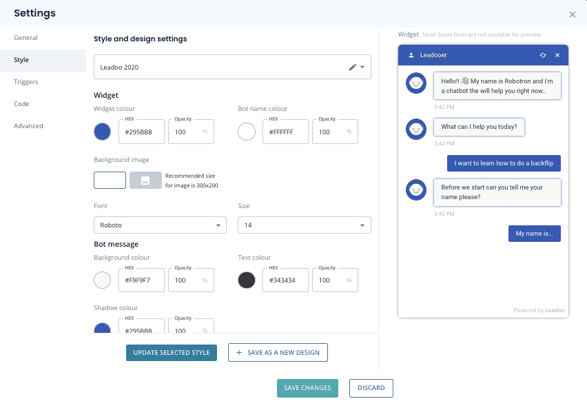 Na%CC%88ytto%CC%88kuva 2022 6 3 kello 8.27.26 Settings, Styles & Trigger rules (Chatbot & Inpagebot)
