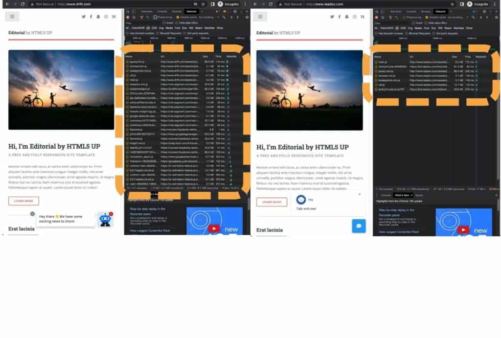 HTTP request comparison drift vs leadoo research Leadoo’s conversion and chat tools outperform competitors - minimum impact on page speed and SEO