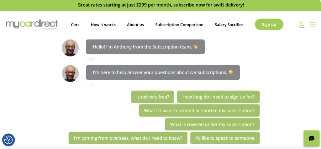 40% growth in annual website sales, despite less traffic, for Mycardirect 4 Mycardirect An inpage bot example on the how car subsciption works page