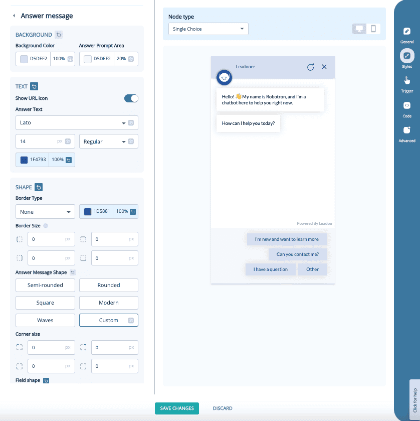 Leadoo style answer message New style settings for chat and inpage bots