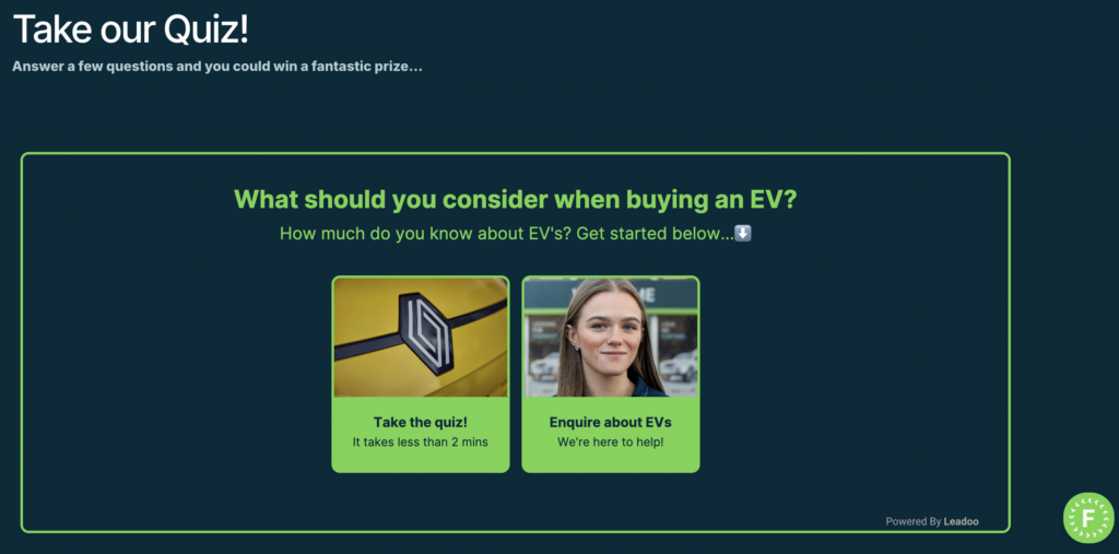 FOW website with visual bot embedded in the page where users can take the EV car quiz or enquire about electric vehicles