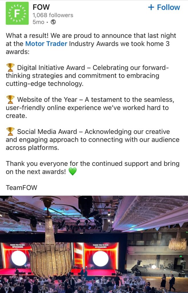 Screenshot of FOW's Linkedin post celebrating the Motor Trader Industry award wins